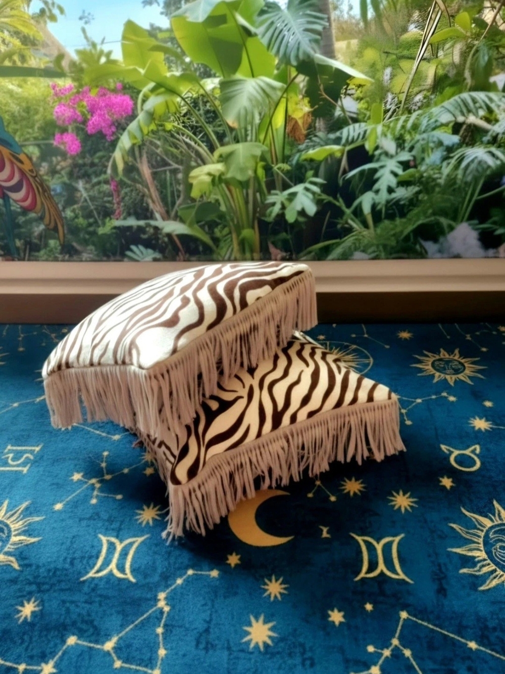 2 Custom Made Decorative Cowhide Zebra Print Fringe Pillows 14"×14"